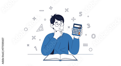 Young Man Pondering Complex Equations While Holding a Calculator for Calculations