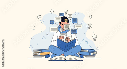 Young Person Immersed In Reading Books, Surrounded By Thought Bubbles And Knowledge