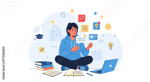 Young Person Involved In Education And Learning Activities With Laptop And Books