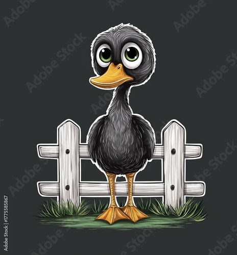  Adorable Black Duckling with Big Green Eyes Standing Behind a Small White Picket Fence