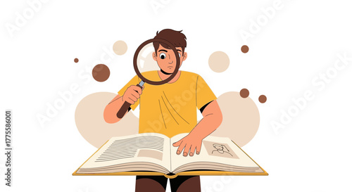 Young Person Using Magnifying Glass To Inspect Book Discovering Information Thoughtfully