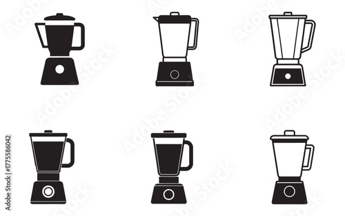 Black and white blender vector set for kitchen appliances and cooking equipment icons featuring various modern blender designs in minimalist style
