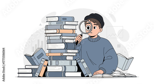 Young Person Using Magnifying Glass To Inspect Large Pile Of Academic Books For Research