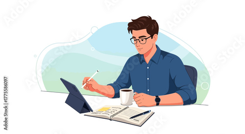 Young Professional Working At Home Using Digital Tablet And Notebook With Coffee Cup