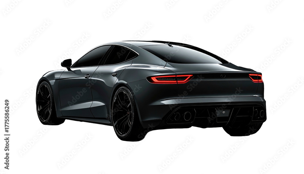 Fototapeta premium Sleek, dark gray sedan seen from the rear, showcasing its modern lines against a dark background