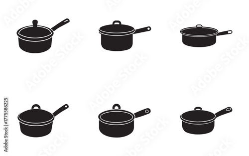 Black and white illustration of cooking pots with lids and handles kitchen essentials for culinary arts and home cooking