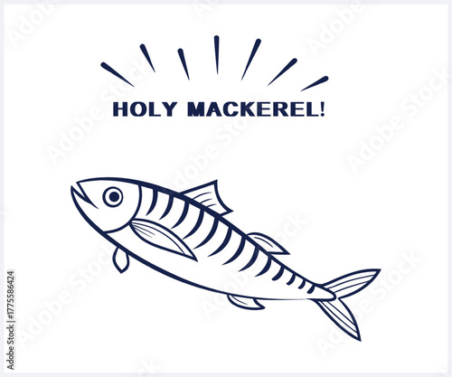 Funny cartoon illustration of a holy mackerel fish with rays of light and exclamation