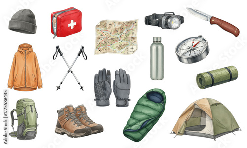 Watercolor Hiking and Trekking Tourist Gear Collection Set
