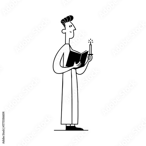 Choir singer holding a candle and songbook, symbolizing peace, spirituality, and Christmas church celebrations.