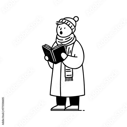 Person dressed warmly singing from a songbook outdoors, representing winter caroling and festive holiday traditions.