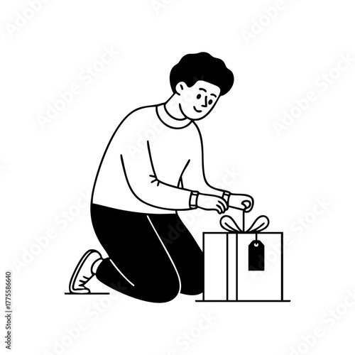 Person kneeling to attach a tag to a wrapped gift box, representing thoughtful gift-giving and holiday generosity.
