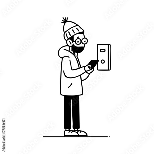 Person checking a home thermostat in winter, representing energy saving, comfort, and smart home control.