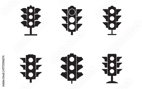 Black and White Traffic Light Icons Vector Set for Road Safety and Transportation Design Projects representing signals guidance and regulatory compliance