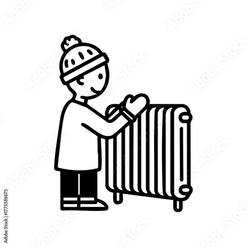 Person in winter clothing drying gloves on a radiator, symbolizing warmth, comfort, and cozy seasonal moments.
