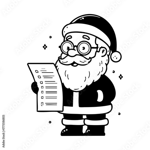Santa Claus joyfully reading a long wish list, symbolizing Christmas preparation, holiday traditions, and festive spirit.