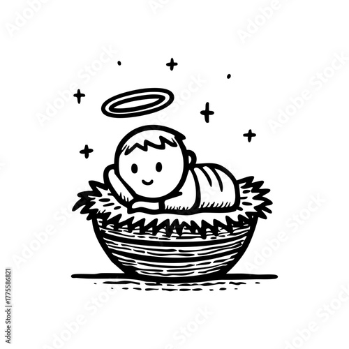 Baby Jesus lying peacefully in a manger with halo and stars, representing nativity, hope, and the true meaning of Christmas.