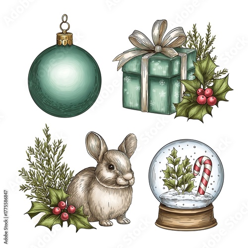 Set of Christmas Elements: Snow Globe, Bunny, Mint Gift Box, and Teal Ornament Illustration