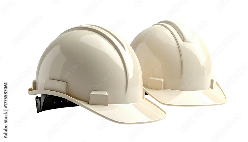 Fototapeta premium Two safety helmets, rendered in off-white, rest side-by-side. Background is pure black, offering stark contrast