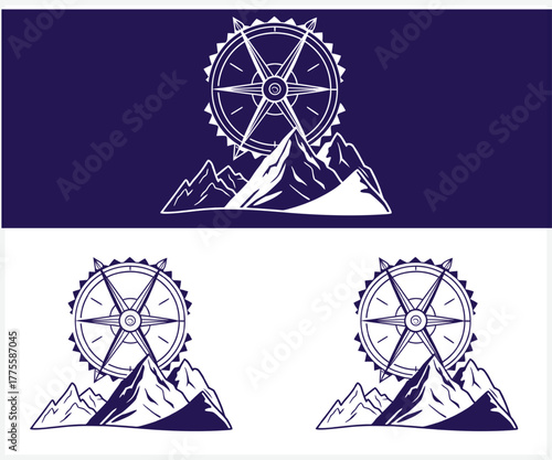Stylized ferris wheel and mountains illustration with compass rose elements and geometric patterns