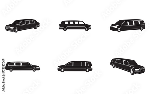 Black Limousine Car Silhouette Set on White Background Providing Luxury Transportation Solutions for Events and Special Occasions
