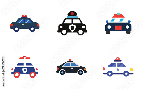 Cartoon Police Car Icons Set Featuring Different Styles and Designs for Law Enforcement Related Themes
