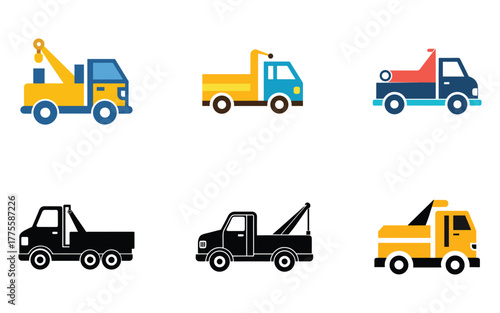 Cartoon tow truck vector illustration showcasing colorful and monochrome design for educational and commercial usage on white background