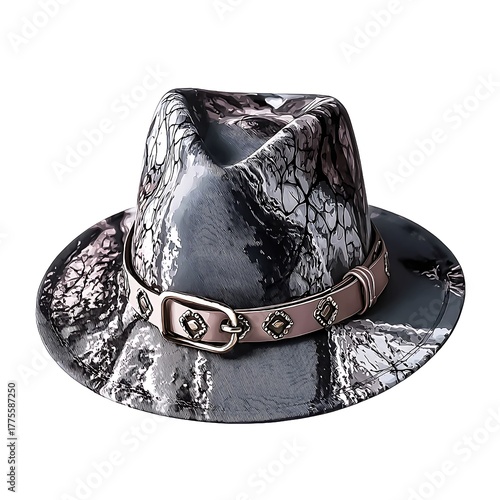 Stylish Fedora Hat with Unique Marbled Texture and Buckled Leather Band Accessory