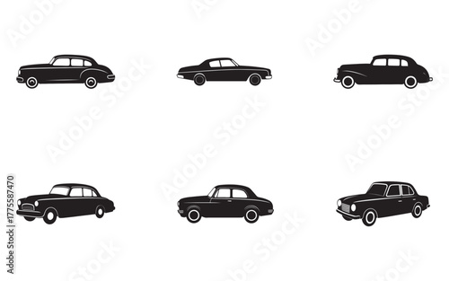Classic Cars Vector Illustration Set Retro Automobiles Design Collection Old Timers Variety Black and White Icons