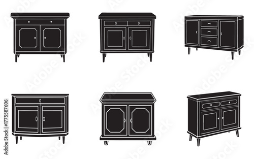 Collection of Antique Black Cabinets Vector Illustration for Furniture Design and Interior Decor Ideas