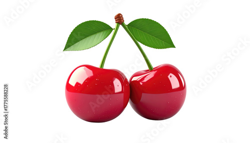 Two vibrant red cherries with green leaves, connected by a brown stem, isolated against a stark black background