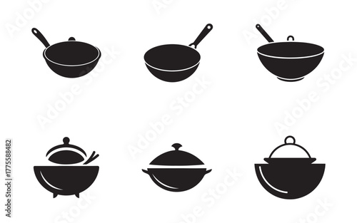 Collection of Black and White Kitchenware Illustrations Featuring Pots and Pans Cooking Utensils for Culinary Arts and Design Projects