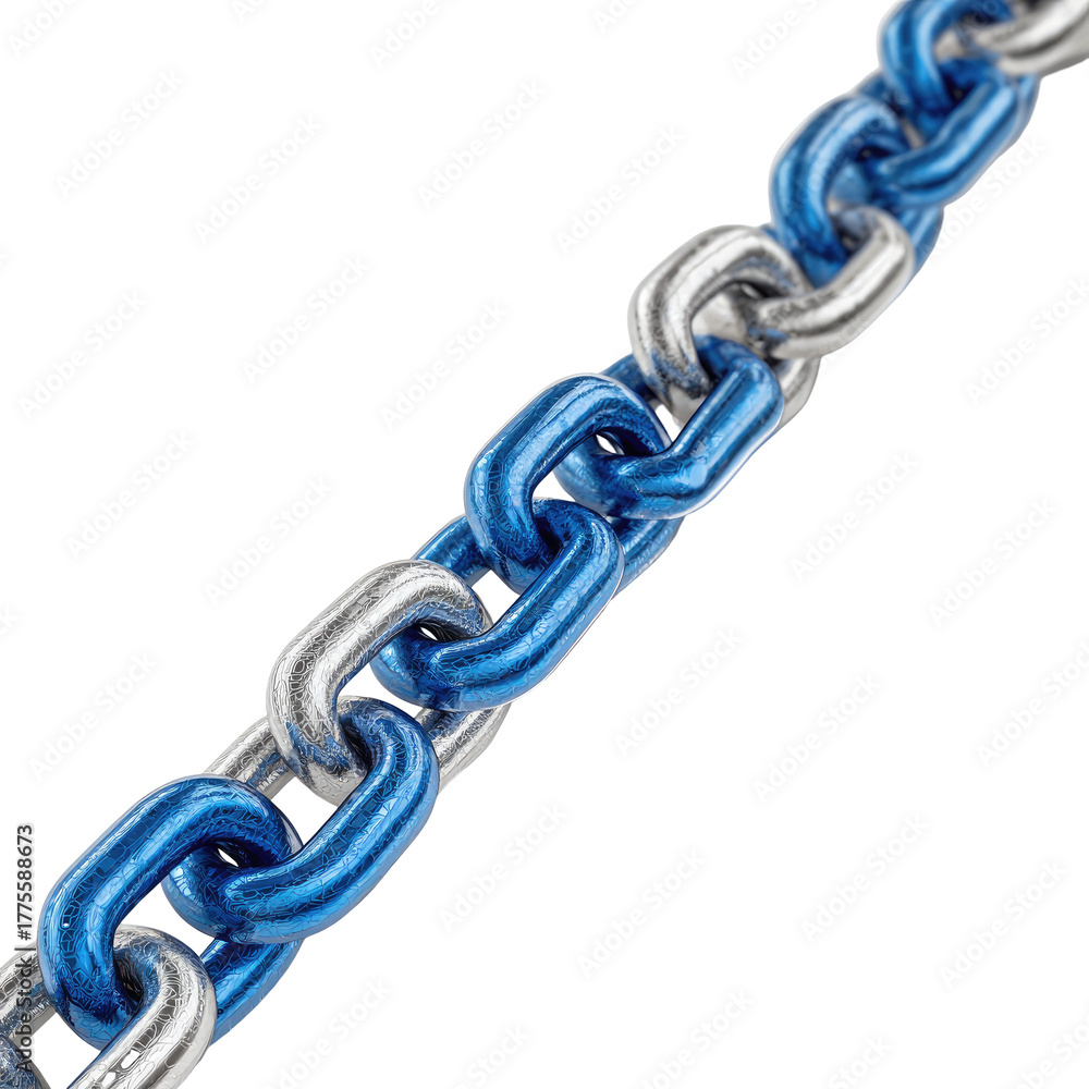 Fototapeta premium Close-up of a metal chain, alternating segments of blue and silver