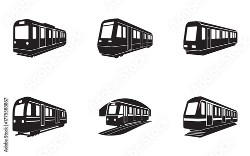 Collection of Black and White Subway Train Icons Public Transportation Vehicles on White Background Urban Mobility Solutions