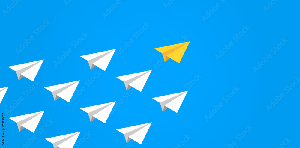 Fototapeta premium One yellow paper plane leading a group of white planes, symbolizing leadership, innovation, and setting the path forward