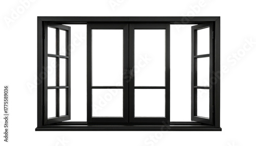 A black window frame is centered in darkness, its four panes revealing void as two are slightly ajar