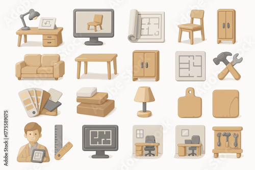 3D Interior Design and Furniture Icons – Home Decor, Architecture, and Woodworking Tools