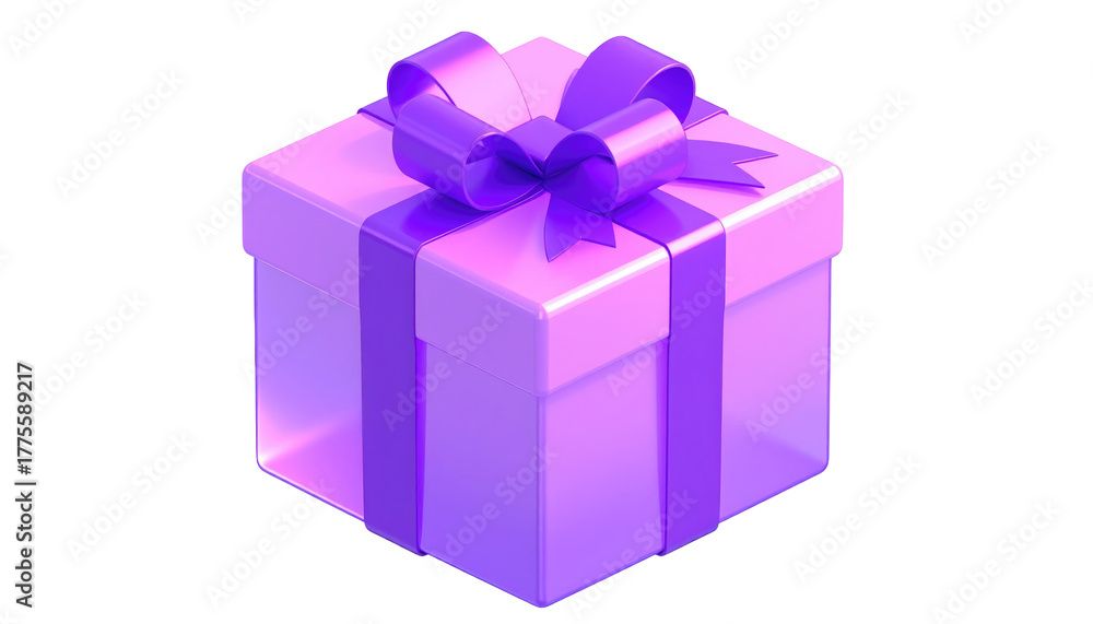 Obraz premium A cube-shaped present tied with a ribbon, featuring shades of purple, on a dark background