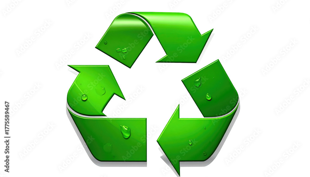 Obraz premium Green triangular recycling symbol with curved arrows and water droplets on a solid black background