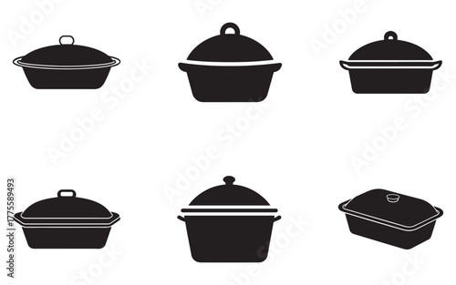 Collection of Black Silhouette Casserole Dish Icons on White Background for Cooking and Serving