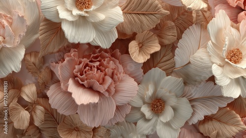 Intricate 3D seamless floral background with realistic textures, elegant romantic and highly detailed.