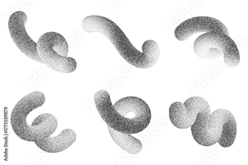 Abstract 3D gradient shapes. Wavy lines vector elements with noisy fluid texture. Fluid swirl grainy graphic with sandy effect. Stipple spiral swooshes and grunge trendy splashes.