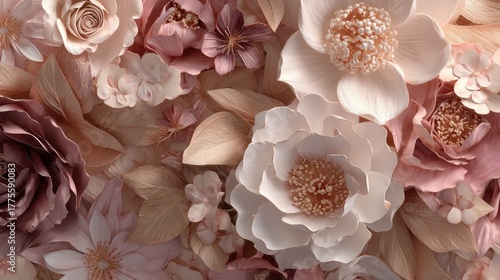 Intricate 3D seamless floral background with realistic textures, elegant romantic and highly detailed.