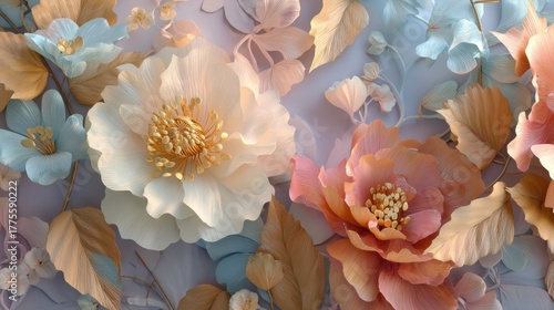 Intricate 3D seamless floral background with realistic textures, elegant romantic and highly detailed.