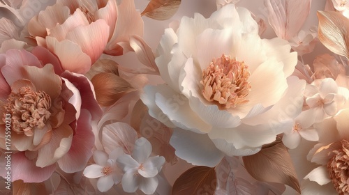 Intricate 3D seamless floral background with realistic textures, elegant romantic and highly detailed.