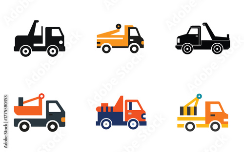 Collection of Cartoon Tow Trucks in Various Styles and Colors Vector Illustration Set