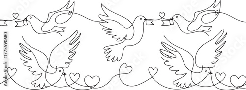  Love and Dove Continuous Line Art – Romantic Birds with Hearts Illustration