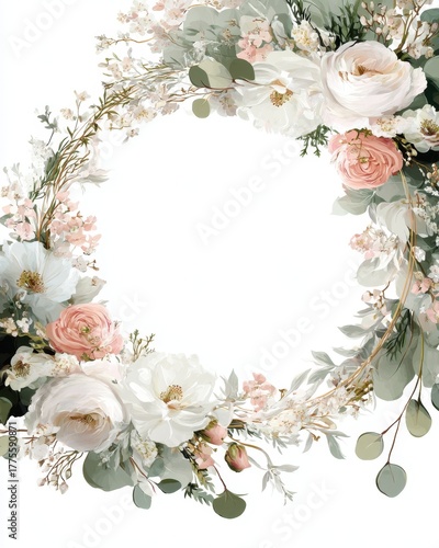 Elegant floral wreath wedding invitation card template with delicate blossoms and greenery, timeless and romantic.