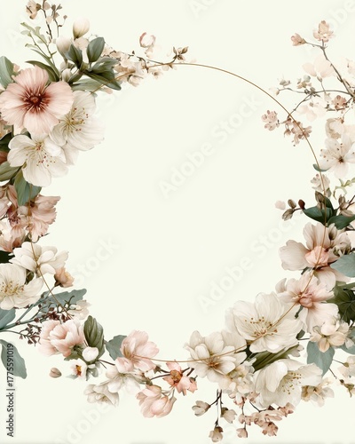 Elegant floral wreath wedding invitation card template with delicate blossoms and greenery, timeless and romantic.