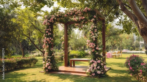 Romantic outdoor wedding arch with roses in a scenic green park, elegant festive and cinematic with fine natural detail.