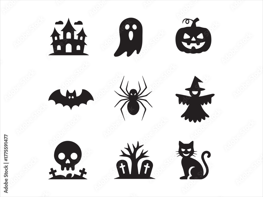 Fototapeta premium Isolated Flat Black Graphics of Classic Halloween Elements – Ghost, Evil Pumpkin, Flying Bat, Graveyard Skull and Crossbones, Witches Hat, and Black Cat